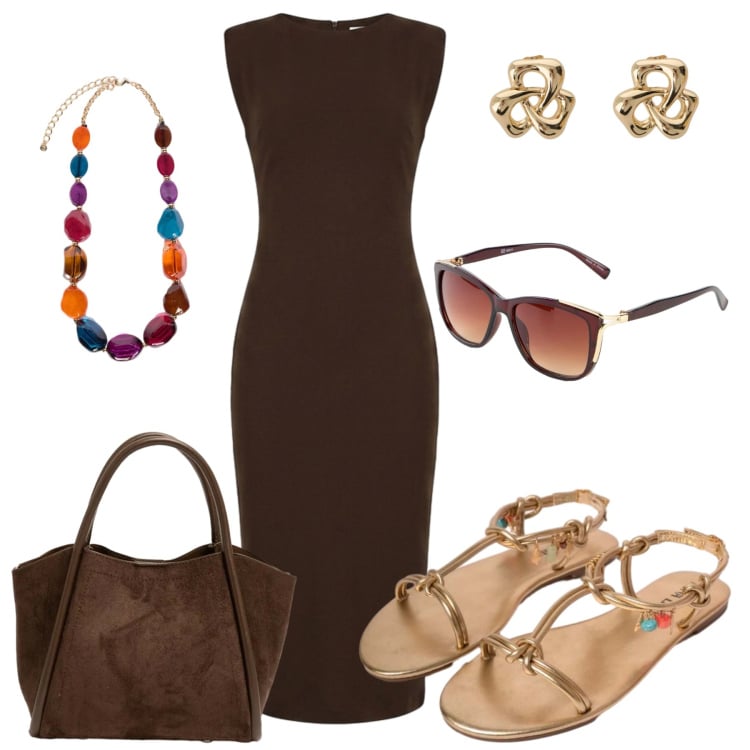 Outfit donna - Sandali protagonisti. Stile Casual chic per Tutti i giorni. Abbinamento con occhiali da sole, collane, orecchini, vestiti midi/longuette, sandali in pelle, borse a spalla.