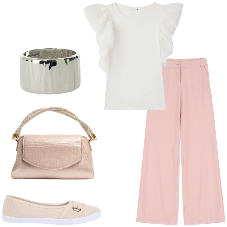 Outfit donna - Total look #2421005. Stile Casual chic per Tutti i giorni. Abbinamento con ballerine, t-shirt, braccialetti, pantaloni, borse a mano.