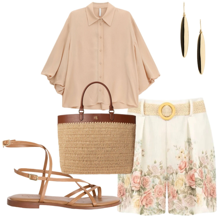 Outfit donna - Total look #2421007. Stile Casual chic per Tutti i giorni. Abbinamento con sandali in pelle, camicie, shorts, orecchini, borse tote.