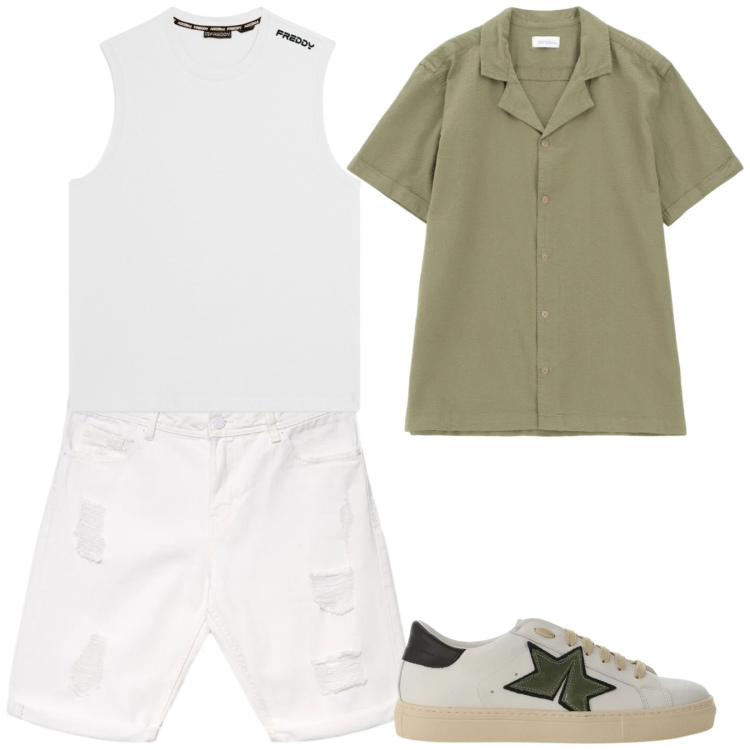 Outfit uomo - La camicia verde. Stile Trendy per Serata speciale. Abbinamento con bermuda, canottiere, camicie a manica corta, sneakers.