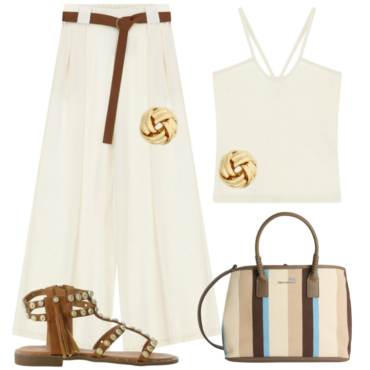 Outfit donna - Sandali protagonisti. Stile Casual chic per Tutti i giorni. Abbinamento con shopping bag, canottiere, sandali, orecchini, pantaloni a palazzo.
