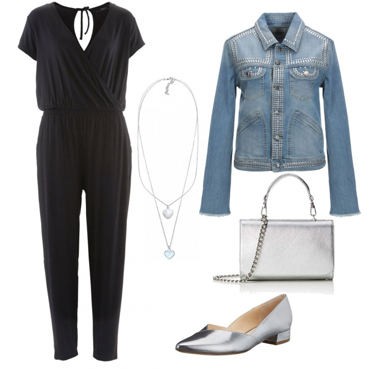 Outfit donna - Nero jeans e argento. Stile Trendy per Tutti i giorni. Abbinamento con tute, giacca con strass delavé collo classico a maniche lunghe interno sfoderato in denim tinta unita, collana con ciondolo, ballerine argento, borsetta argento.