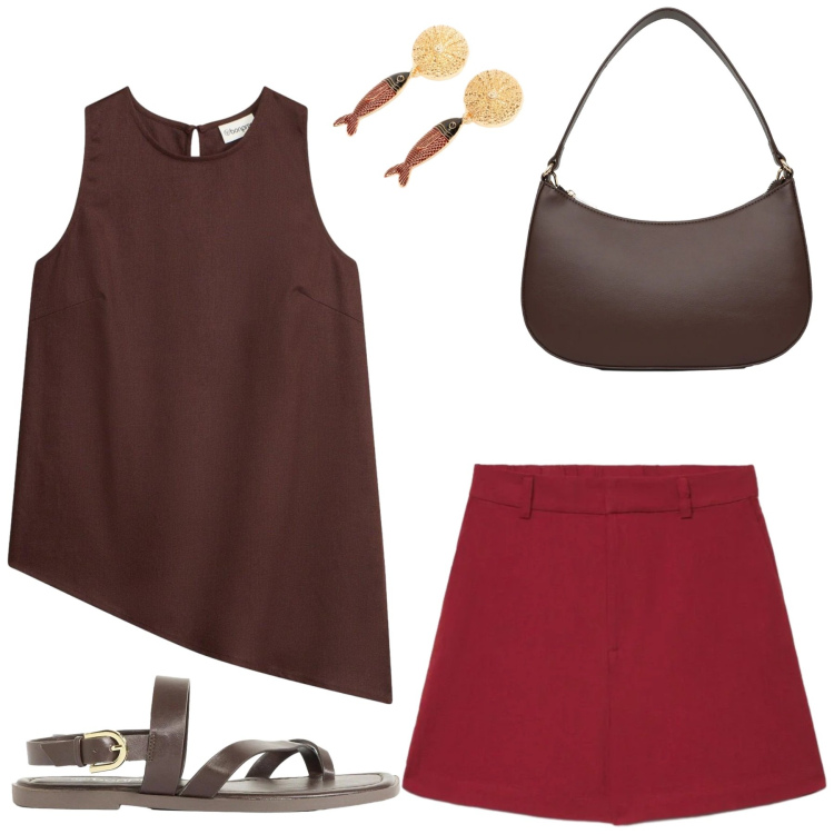 Outfit donna - Un tocco di rosso. Stile Basic per Tutti i giorni. Abbinamento con sandali, canottiere, borse a tracolla, bermuda, orecchini.