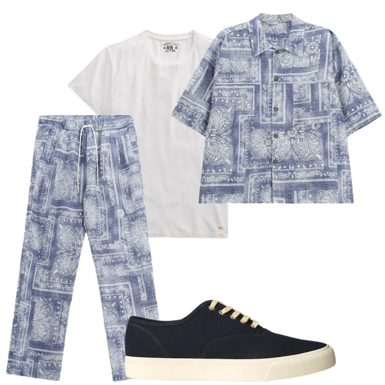 Outfit uomo - Total look #2421012. Stile Trendy per Serata speciale. Abbinamento con t-shirt, sneakers, camicie a manica corta, pantaloni.