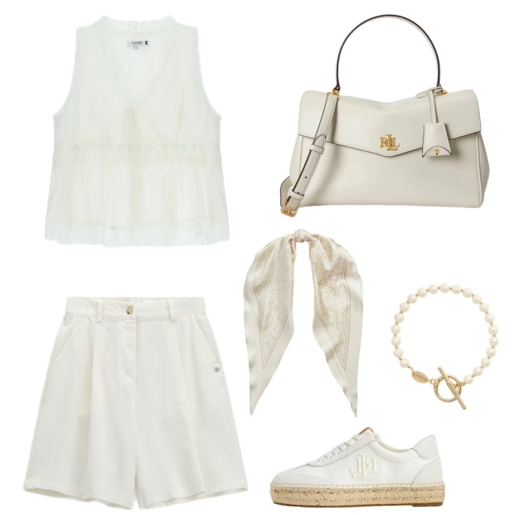 Outfit donna - Si va in bianco. Abbinamento con bermuda, top, sneakers, foulard, borse a mano, braccialetti.
