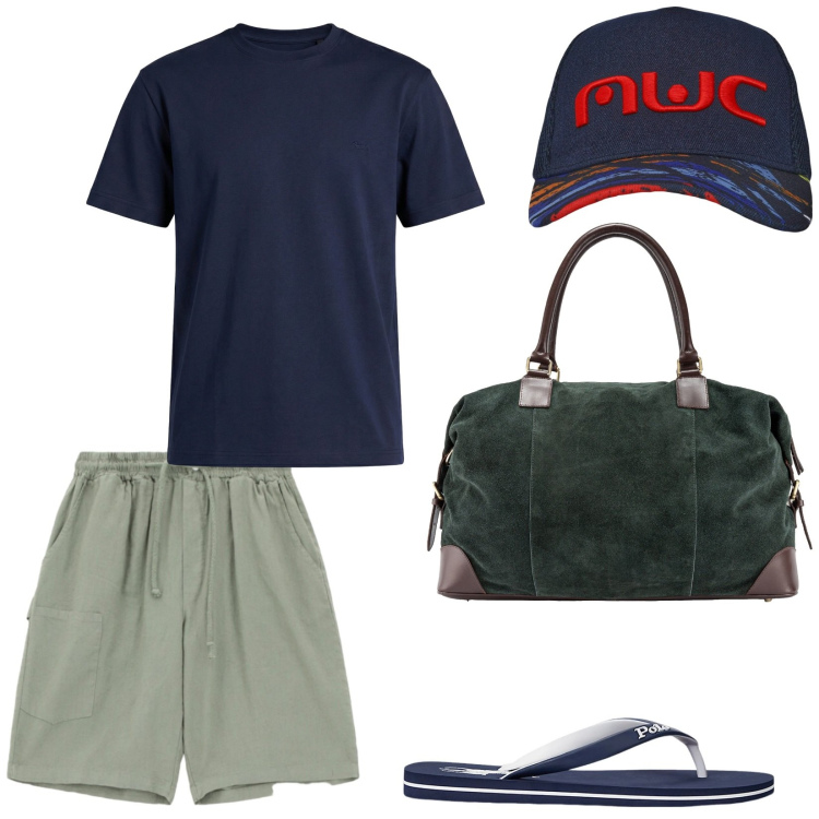 Outfit uomo - Ready to leave. Stile Casual per Tutti i giorni. Abbinamento con t-shirt, cappelli con visiera, sandali, borse sportive, bermuda.