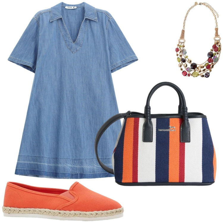 Outfit donna - Evviva I colori. Stile Chic per Tutti i giorni. Abbinamento con espadrillas, shopping bag, vestiti corti, collane.