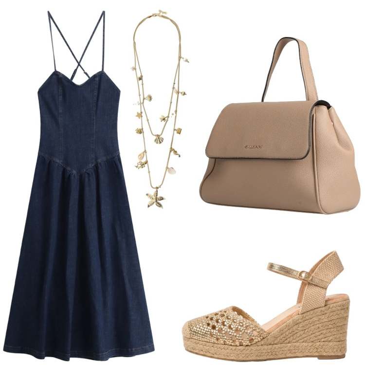 Outfit donna - Non il solito vestito in jeans. Stile Chic per Tutti i giorni. Abbinamento con zaini, collane, vestiti lunghi, espadrillas.