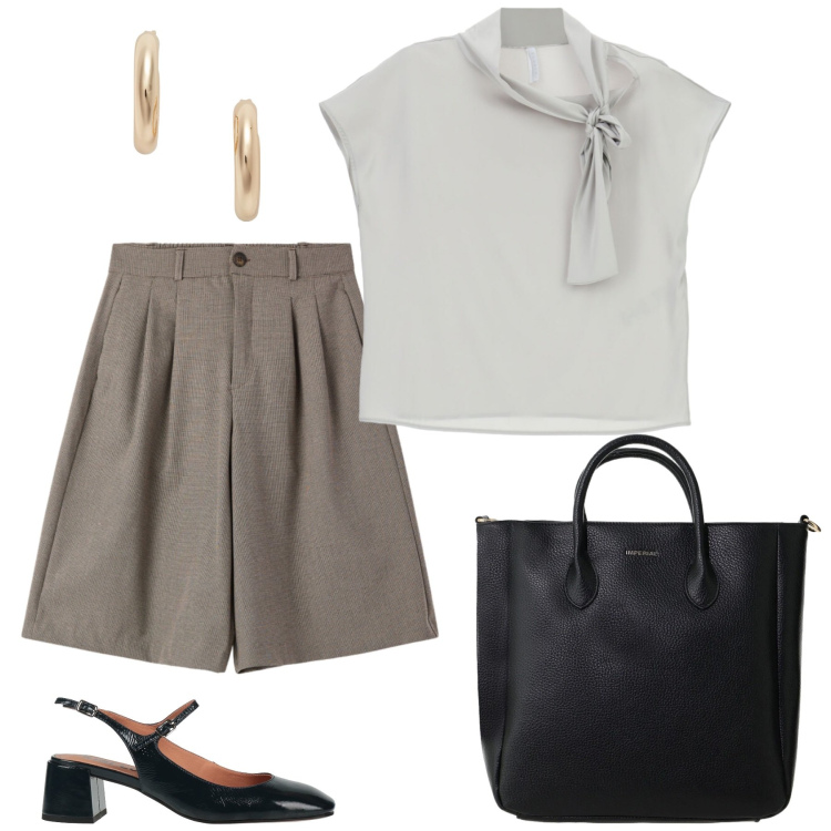 Outfit donna - Bermuda in ufficio. Stile Basic per Ufficio. Abbinamento con décolleté, bermuda, borse a tracolla, canottiere, orecchini.
