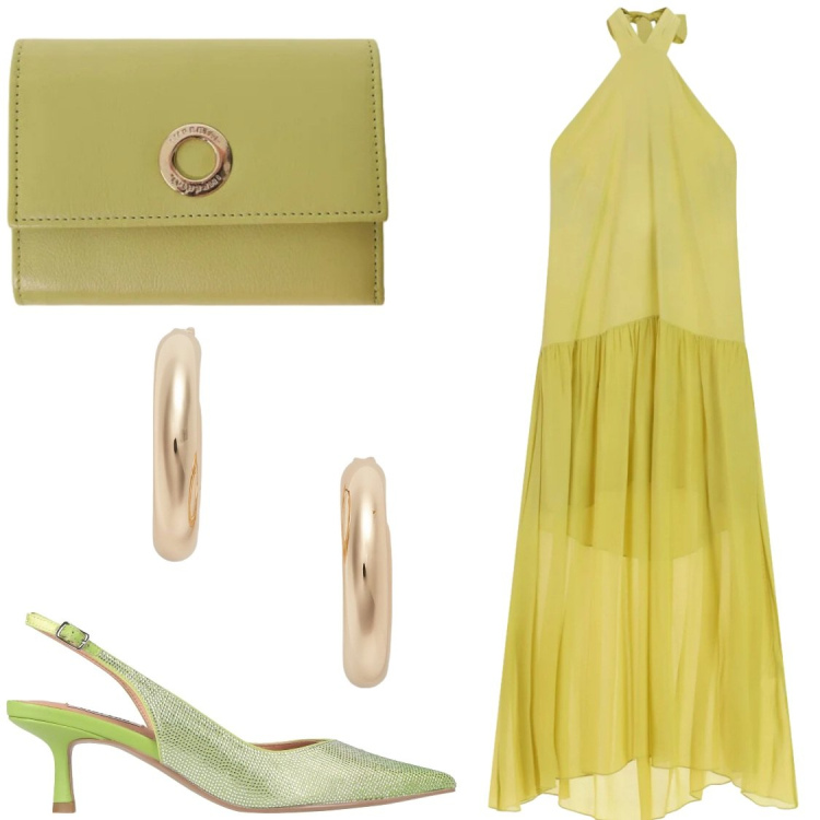 Outfit donna - Eventi. Stile Glamour per Cerimonia. Abbinamento con décolleté, portafogli, orecchini, vestiti lunghi.