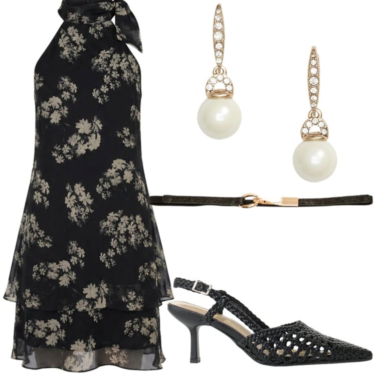 Outfit donna - Serate chic. Stile Chic per Serata fuori. Abbinamento con décolleté, orecchini, vestiti corti, cinture.