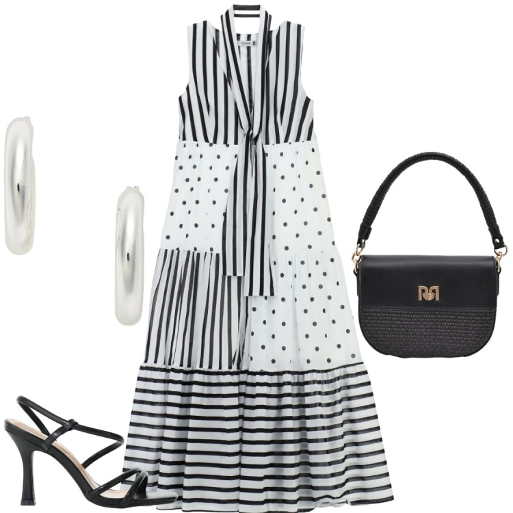 Outfit donna - Molto originale. Stile Chic per Serata fuori. Abbinamento con sandali col tacco, vestiti lunghi, borse a spalla, orecchini.