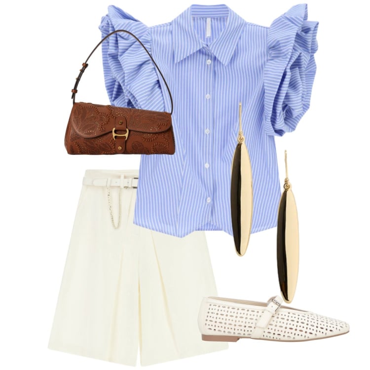 Outfit donna - Bermuda elegante. Stile Casual chic per Tutti i giorni. Abbinamento con ballerine, bermuda, camicie a manica corta, borse a spalla, orecchini.