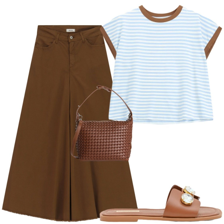 Outfit donna - Abbinamento per contrasto. Stile Glamour per Serata fuori. Abbinamento con borse a spalla, sandali gioiello, top, gonne lunghe.
