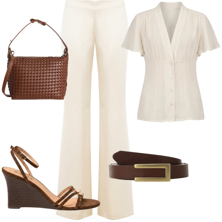 Outfit donna - Bianco e cuoio. Stile Casual chic Abbinamento con borse a spalla, pantaloni a palazzo, cinture, camicie a manica corta, sandali col tacco.