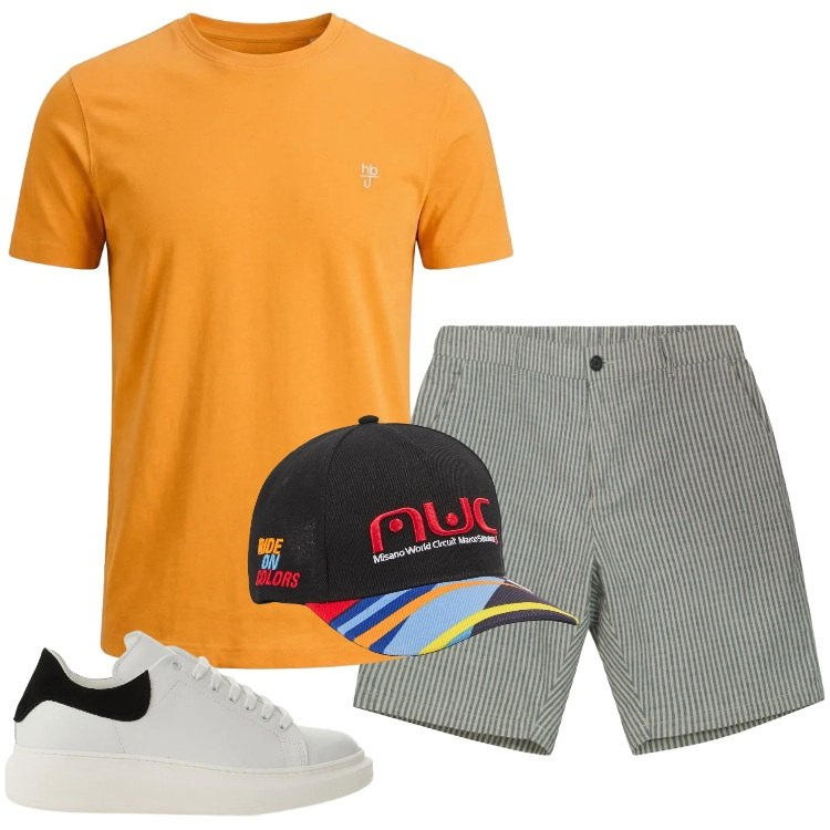 Outfit uomo - Total look #2421031. Stile Trendy per Tutti i giorni. Abbinamento con t-shirt, cappelli con visiera, bermuda, sneakers.