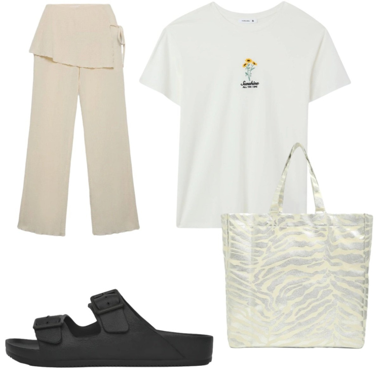 Outfit donna - Pantaloni morbidi. Stile Casual per Tutti i giorni. Abbinamento con shopping bag, t-shirt, pantaloni, ciabatte.