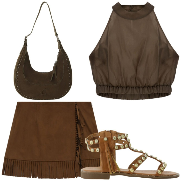 Outfit donna - Marroni a confronto. Stile Chic per Serata fuori. Abbinamento con sandali, minigonne, cappotti, top.