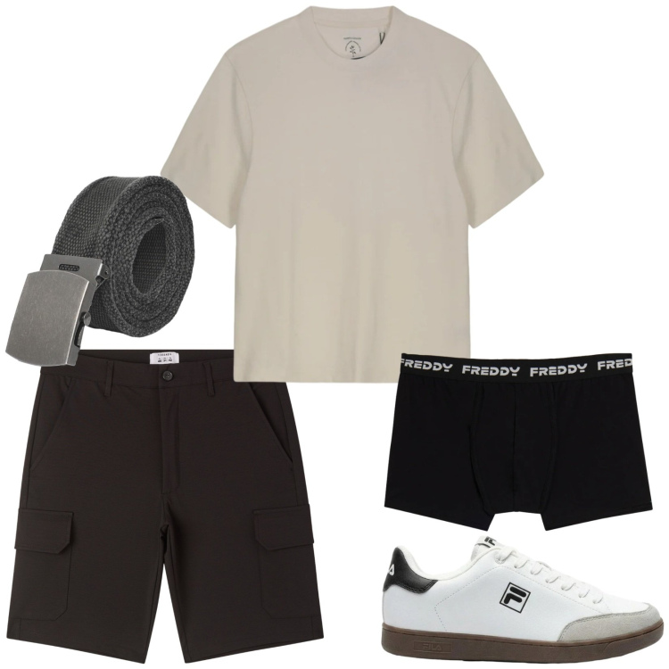 Outfit uomo - Semplice ma efficace. Stile Casual per Tutti i giorni. Abbinamento con sneakers, pantaloni corti, cinture, boxer, t-shirt.