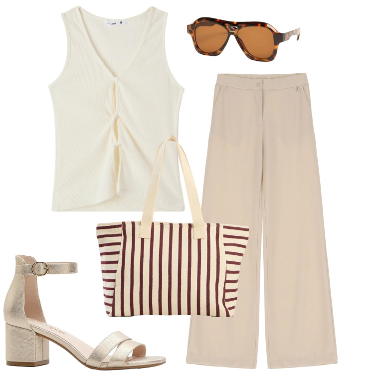 Outfit donna - City. Stile Urban per Tutti i giorni. Abbinamento con sandali col tacco, shopping bag, canottiere, pantaloni, occhiali da sole.