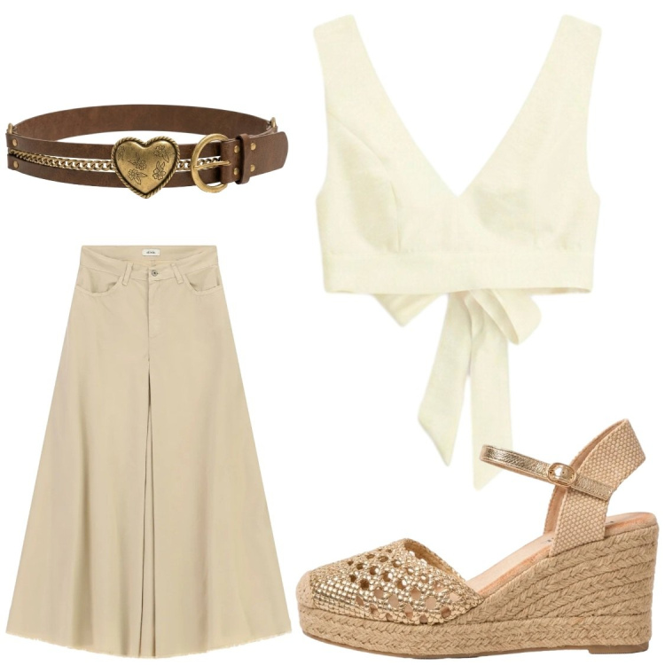Outfit donna - Romantica. Stile Chic per Serata fuori. Abbinamento con top, gonne lunghe, cinture, espadrillas.