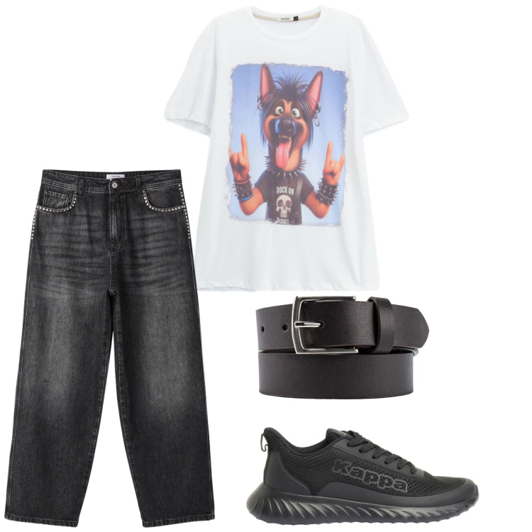 Outfit uomo - Rock mode: on. Stile Biker Rock per Tutti i giorni. Abbinamento con sneakers, jeans, cinture, t-shirt.