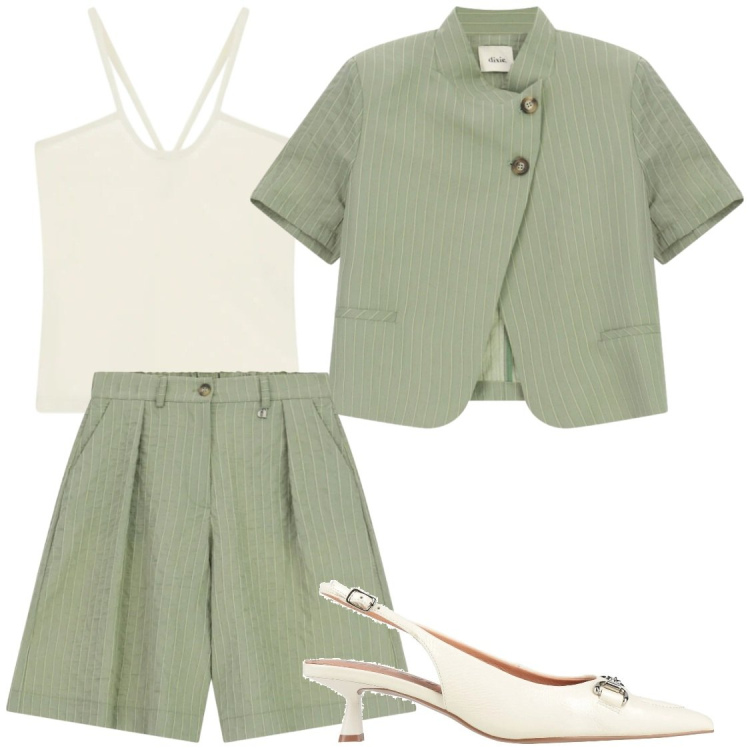 Outfit donna - Completo giacca pantaloncino. Stile Bon Ton per Serata fuori. Abbinamento con décolleté, canottiere, blazer, bermuda.