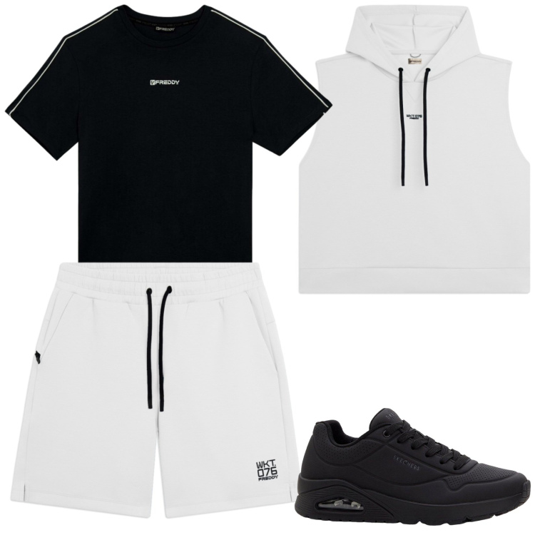 Outfit uomo - Total look #2421052. Stile Casual per Sport. Abbinamento con sneakers, t-shirt, pantaloni corti, felpe con cappuccio.