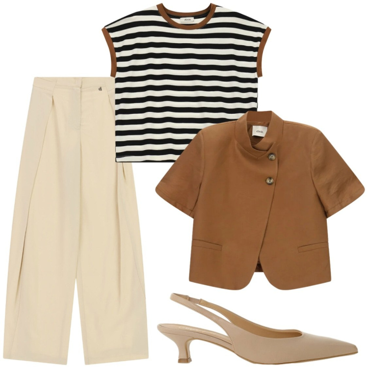 Outfit donna - Completi per ufficio. Stile Chic per Ufficio. Abbinamento con pantaloni a palazzo, top, décolleté, blazer.