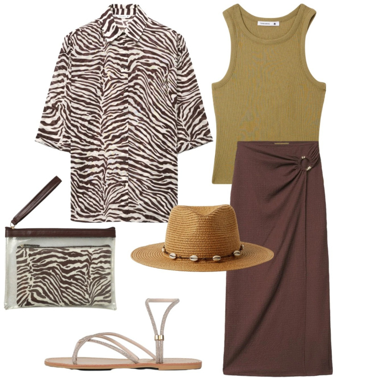 Outfit donna - Safari look. Stile Etnico per Mare. Abbinamento con gonne lunghe, top, camicie a manica corta, cappelli, sandali, pochette.