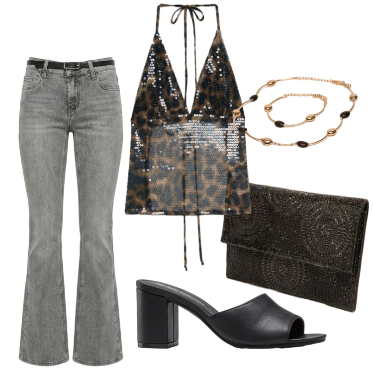 Outfit donna - Total look #2421064. Stile Rock per Serata fuori. Abbinamento con sandali col tacco, top, clutch, collane, jeans.