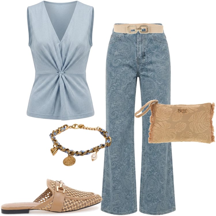 Outfit donna - Nuna Lie. Stile Casual chic per Ufficio. Abbinamento con top, jeans a zampa, braccialetti, sabot, cinture, pochette.