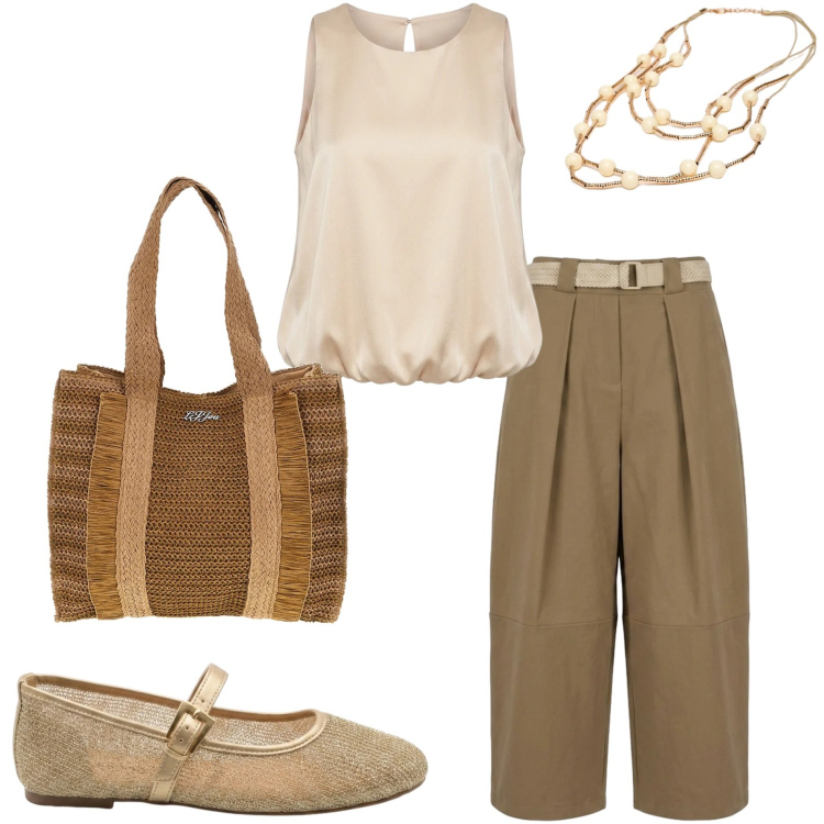 Outfit donna - Nuna Lie. Stile Casual chic per Ufficio. Abbinamento con pantaloni, top, collane, ballerine, borse a spalla.