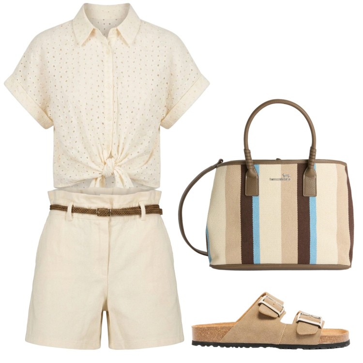 Outfit donna - Caldo non ti temo. Stile Casual chic per Tutti i giorni. Abbinamento con ciabatte, shopping bag, shorts, camicie a manica corta.