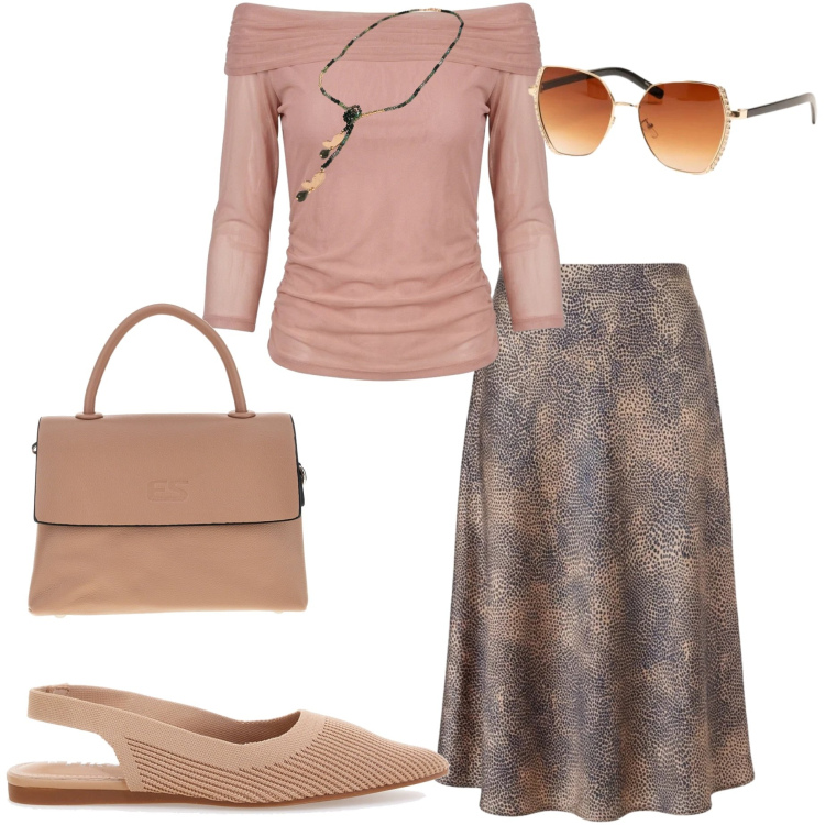 Outfit donna - Nuna Lie. Stile Casual chic per Ufficio. Abbinamento con gonne longuette, occhiali da sole, collane, top, ballerine, borse a tracolla.