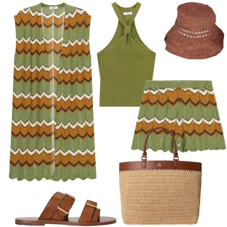 Outfit donna - Coordinato tricot. Stile Glamour per Serata fuori. Abbinamento con cappelli con visiera, sandali in pelle, borse tote, shorts, gilet, top.