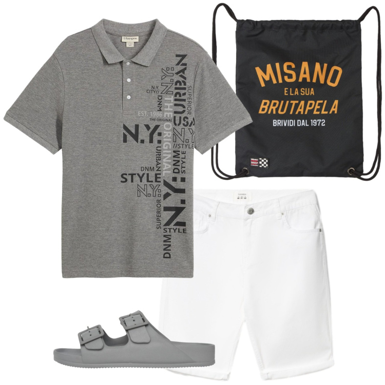 Outfit uomo - Polo grigia e zainetto. Stile Casual per Mare. Abbinamento con polo, borse sportive, bermuda, sandali.