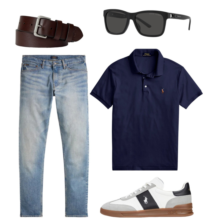 Outfit uomo - Polo sportiva. Stile Casual per Tutti i giorni. Abbinamento con polo, cinture, sneakers, occhiali da sole, jeans.