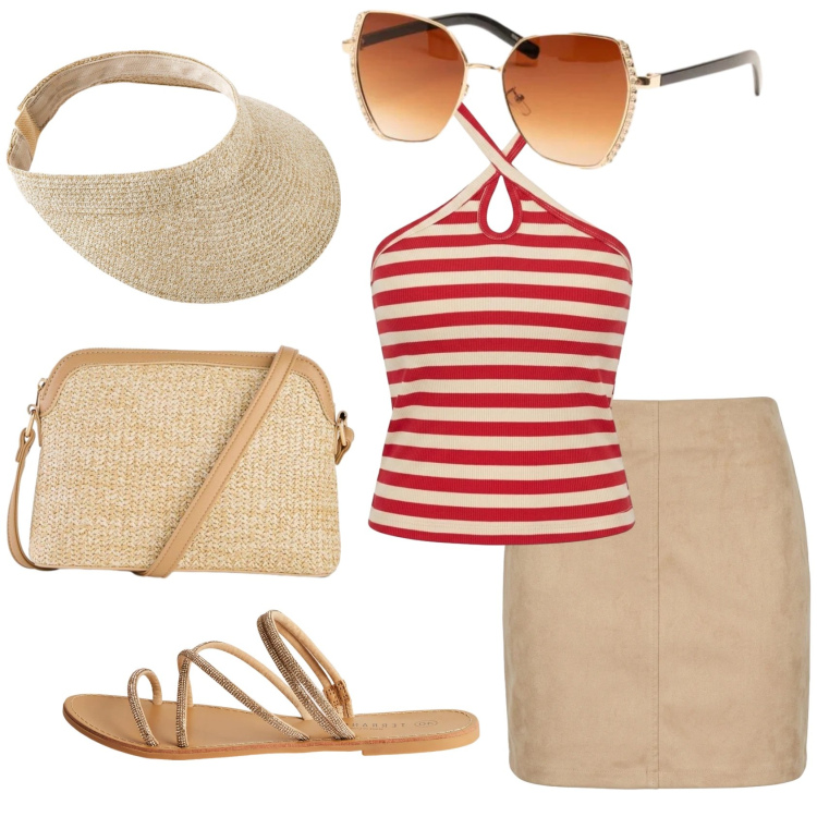 Outfit donna - Total look #2421103. Stile Basic per Mare. Abbinamento con cappelli con visiera, borse a tracolla, sandali, occhiali da sole, canottiere, minigonne.