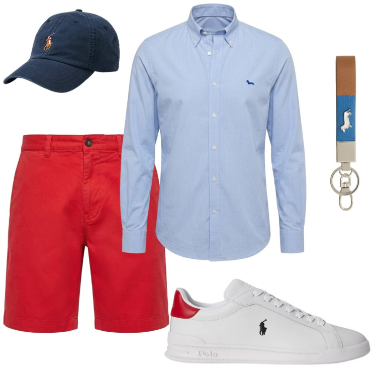 Outfit uomo - Total look #2421109. Stile Trendy per Tutti i giorni. Abbinamento con portachiavi, pantaloni corti, camicie, cappelli, sneakers.