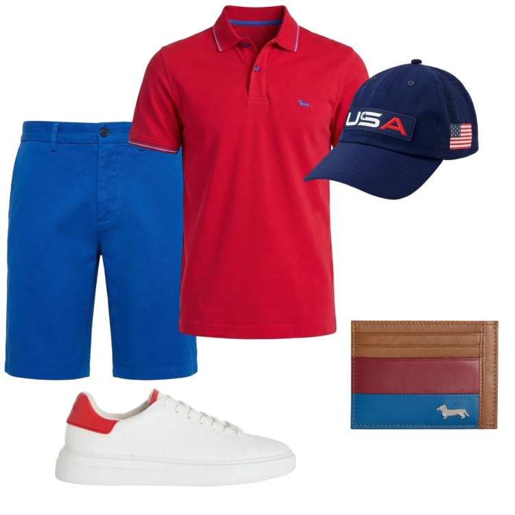 Outfit uomo - Total look #2421111. Stile Trendy per Tutti i giorni. Abbinamento con sneakers, portafogli, polo, bermuda, cappelli con visiera.