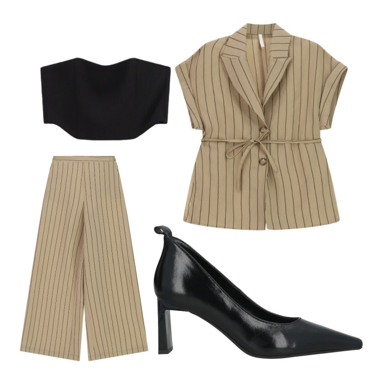 Outfit donna - Black and brown. Stile Mannish per Cerimonia. Abbinamento con décolleté, top, pantaloni a palazzo, blazer.