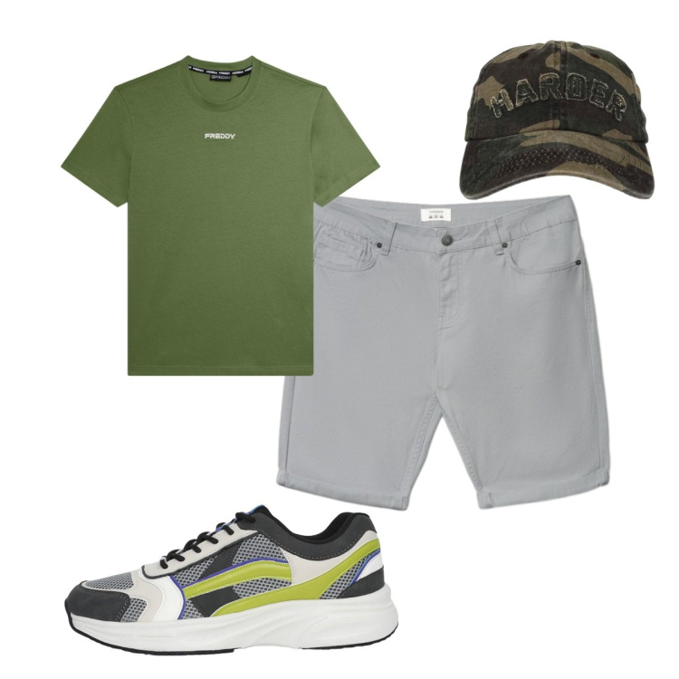 Outfit uomo - Total look #2421119. Stile Casual per Tutti i giorni. Abbinamento con sneakers, cappelli con visiera, bermuda, t-shirt.