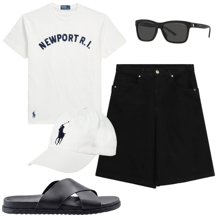 Outfit uomo - Giugno. Stile Casual per Tutti i giorni. Abbinamento con occhiali da sole, cappelli con visiera, t-shirt, sandali, bermuda.