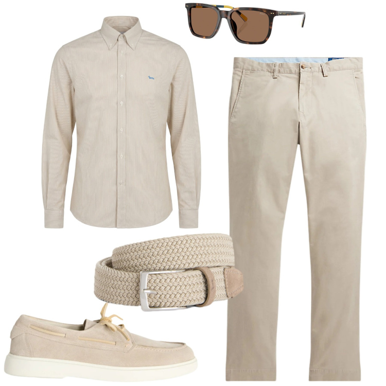 Outfit uomo - Monochrome. Stile Urban per Tutti i giorni. Abbinamento con scarpe stringate, camicie, cinture, pantaloni, occhiali da sole.