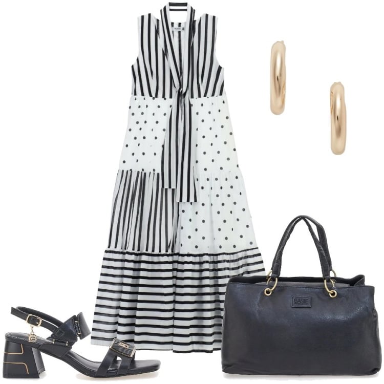 Outfit donna - Maree emotive. Stile Chic per Ufficio. Abbinamento con vestiti lunghi, orecchini, sandali col tacco, borse a mano.
