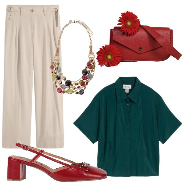 Outfit donna - Professionale con stile. Stile Casual chic per Ufficio. Abbinamento con décolleté, pantaloni a palazzo, camicie, borse a tracolla, collane.