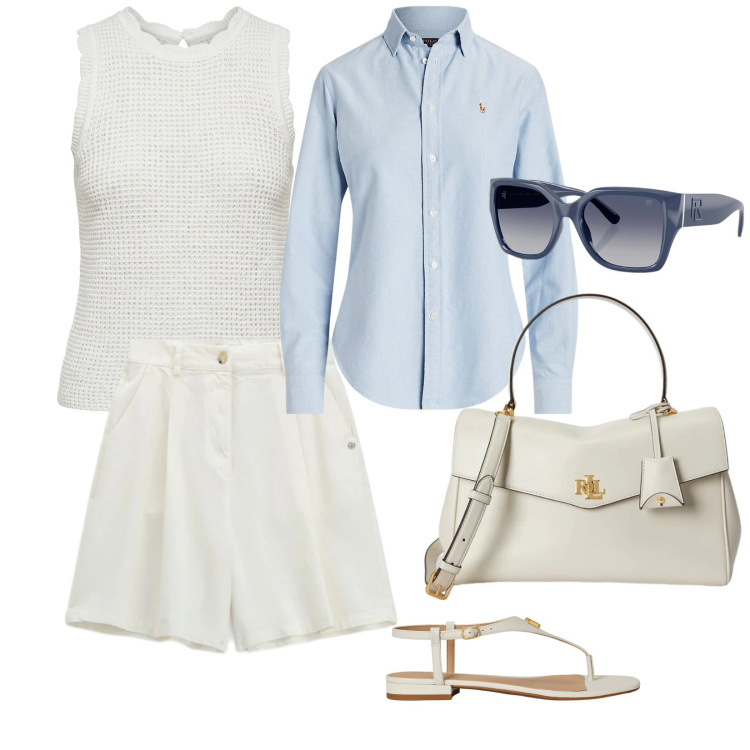 Outfit donna - Mattinata a Portofino. per Mare. Abbinamento con canottiere, bermuda, camicie, occhiali da sole, sandali in pelle, borse a mano.