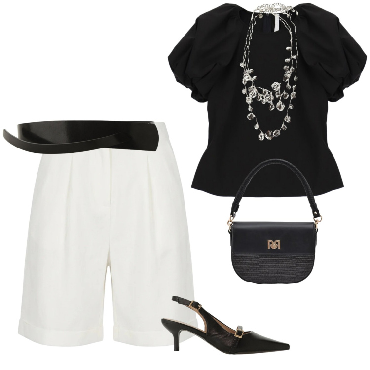 Outfit donna - Serate lungo mare. per Serata fuori. Abbinamento con bluse, sandali col tacco, borse a spalla, collane, cinture, bermuda.