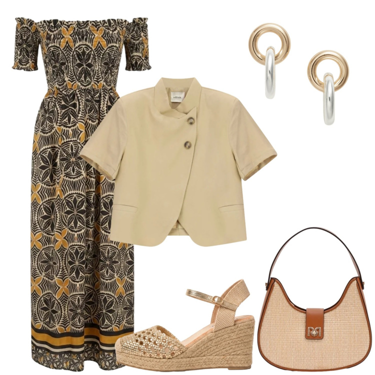 Outfit donna - Boho in estate. Stile Boho per Tutti i giorni. Abbinamento con borse a spalla, orecchini, blazer, vestiti lunghi, espadrillas.